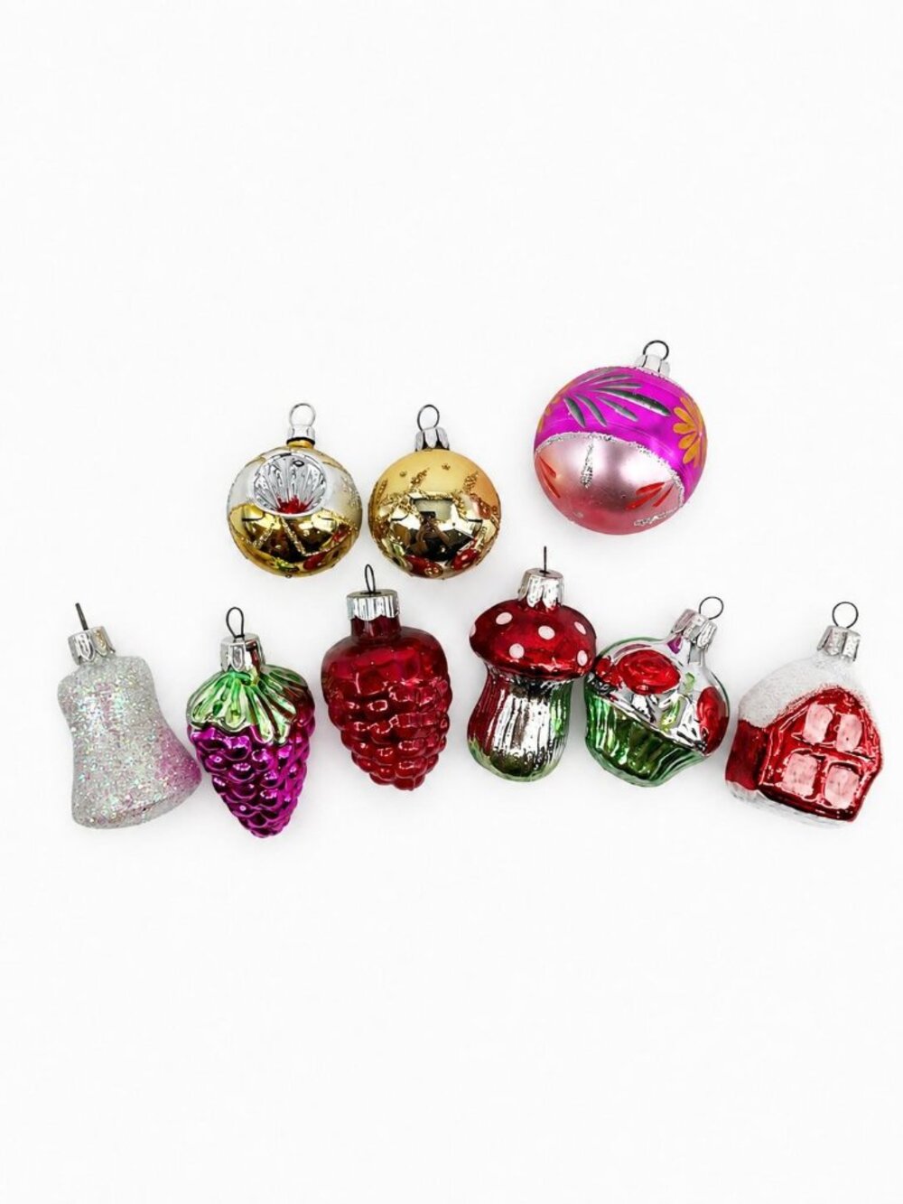 9 Vintage plastic Mini Christmas ornaments, approx. 2-2.5" ea.